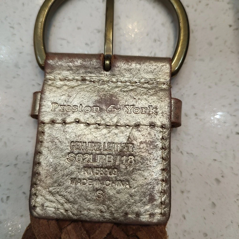 Preston & York Belt Sz Small Leather Tan Gold Braided Brass Ring Buckle Boho